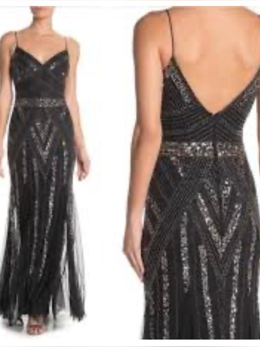 NWT Marina Long Elegant Deco Beaded Mesh A Line Gown, Navy Blue / Silver, Size 8